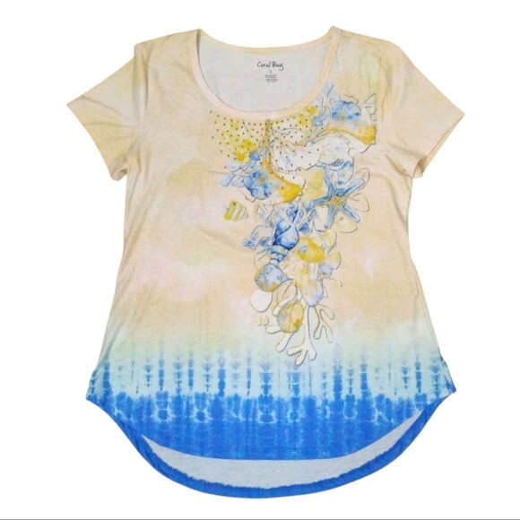 Coral Bay Tropical Embellished Gold Studs Tie Dye Shirt Seashells Yellow Blue Sm - Picture 1 of 16